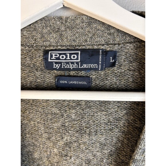 Vtg 90’s Polo Ralph Lauren Cardigan 100% Lambswool Mens Size L Gray Lthr Buttons - Picture 3 of 9